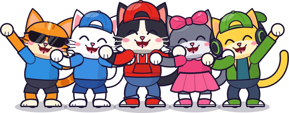 Os cinco gatos da Gataiada num abraço coletivo